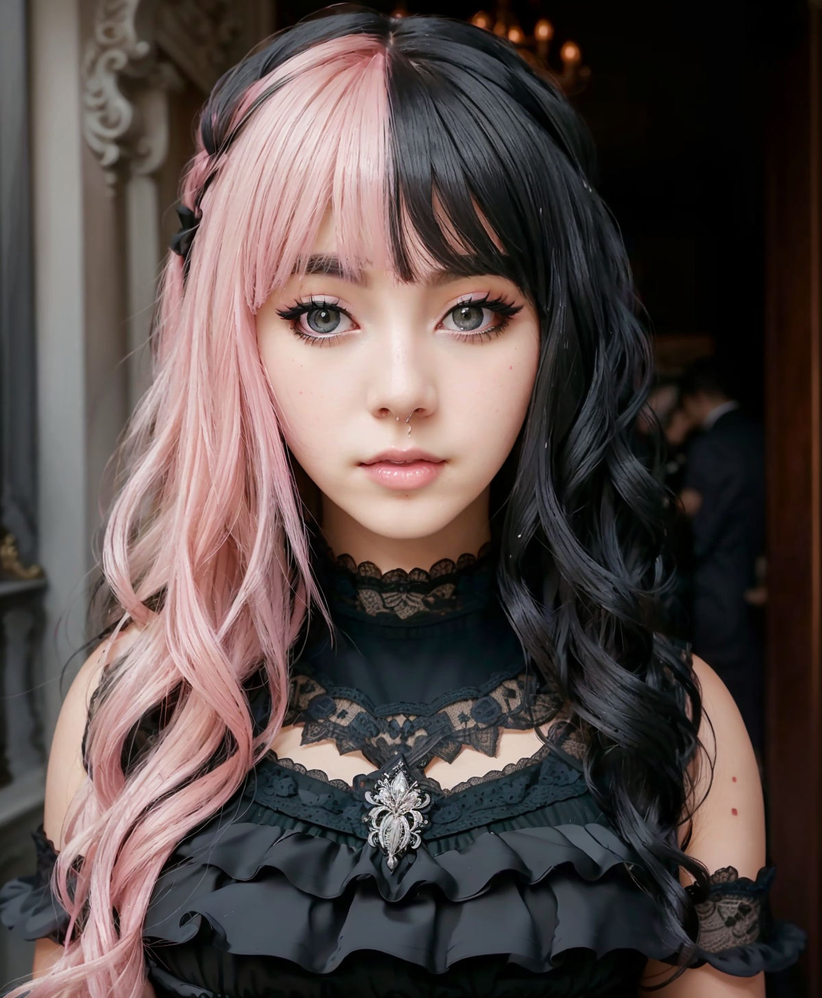 26404-437569800-an award winning portrait of a seductive (hlfcol haired girl with pink and black hair), Tiered dress dress, hyper realistic, det.png